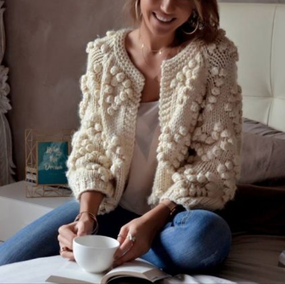 Chicwish Cream Pom-Pom Knit Cardigan